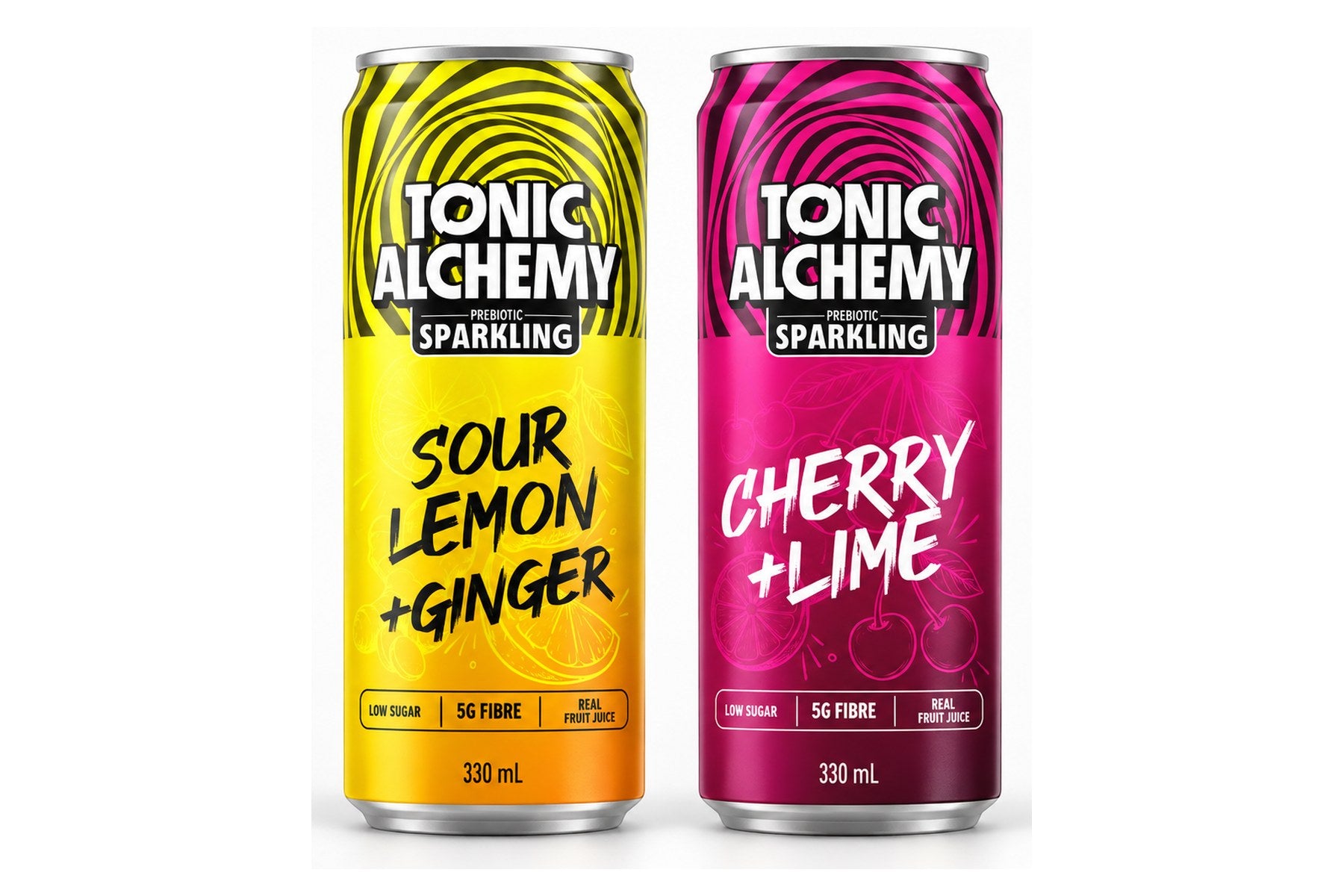 Tonic Alchemy Prebiotic Sparkling cans in Sour Lemon and Ginger and Cherry and Lime, 5g fibre, 330mL