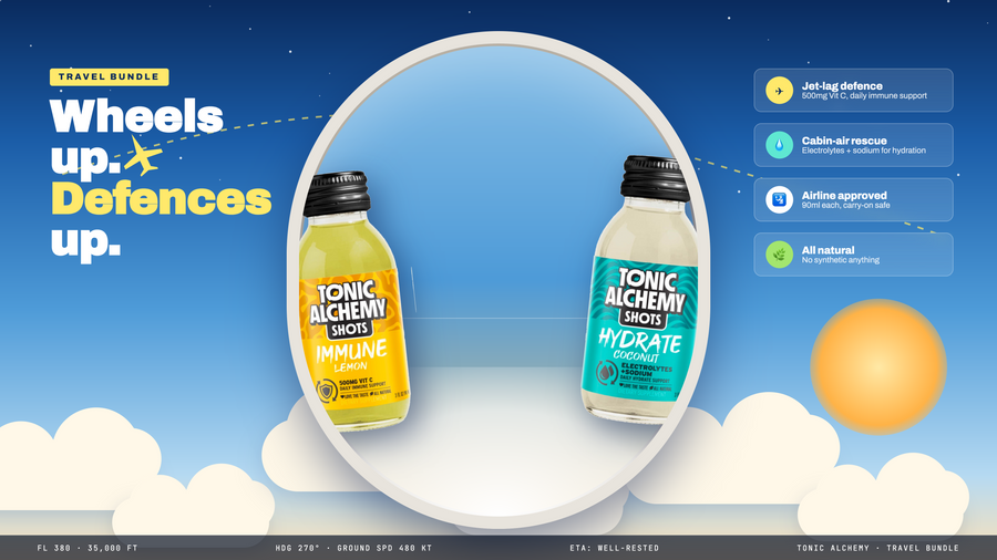 Tonic Alchemy Travel Bundle: 12x 90ml Immune, Hydrate and Energy functional shots for flying
