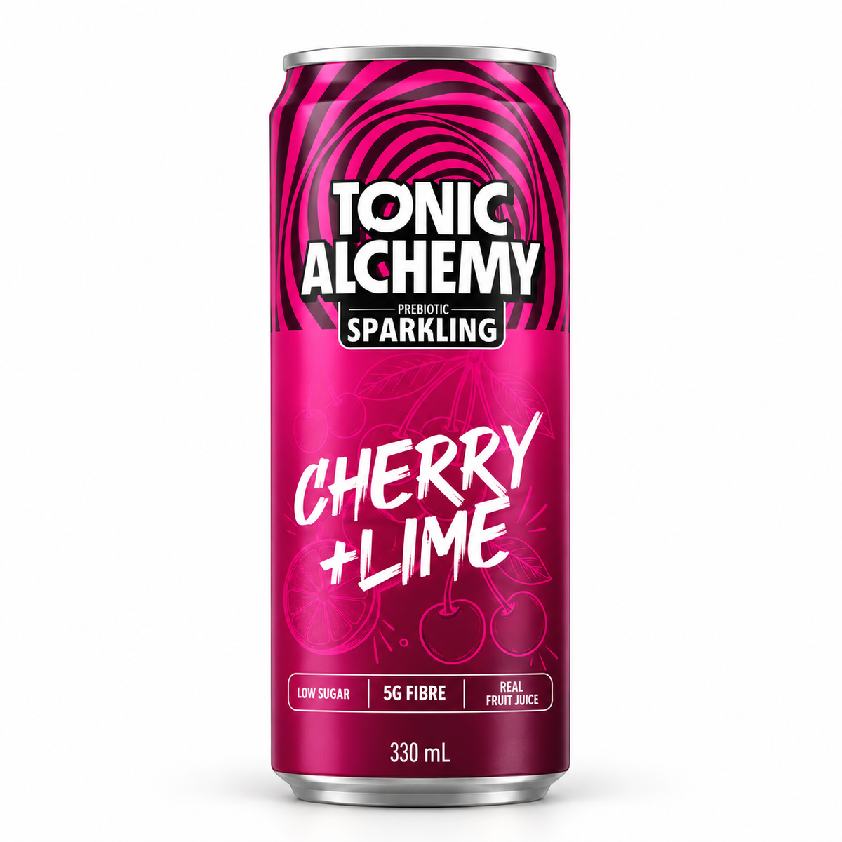 Tonic Alchemy Cherry and Lime prebiotic soda, 5g fibre, real juice, low sugar, 330mL can