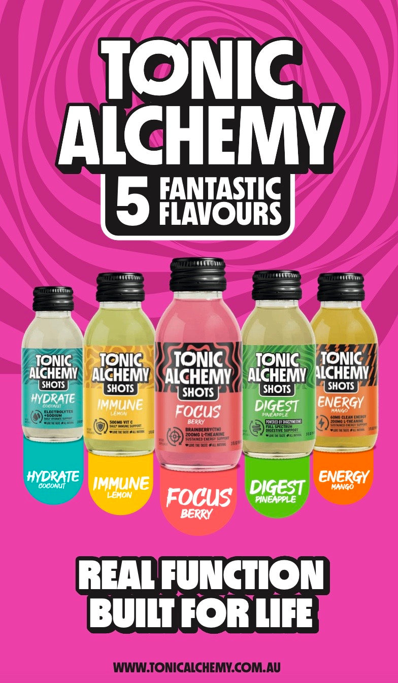 Tonic Alchemy daily functional shots range, 90ml glass bottles