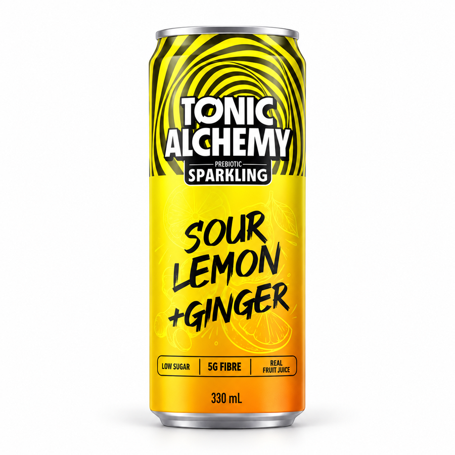 Tonic Alchemy Sour Lemon and Ginger fibre soda, 5g fibre, real juice, low sugar, 330mL can