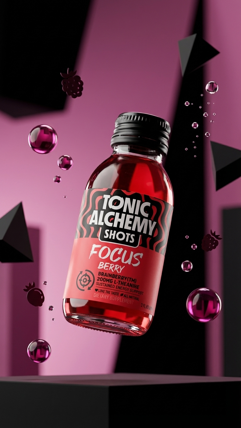 FOCUS berry shot bottle, a caffeine free mental performance shot by Tonic Alchemy