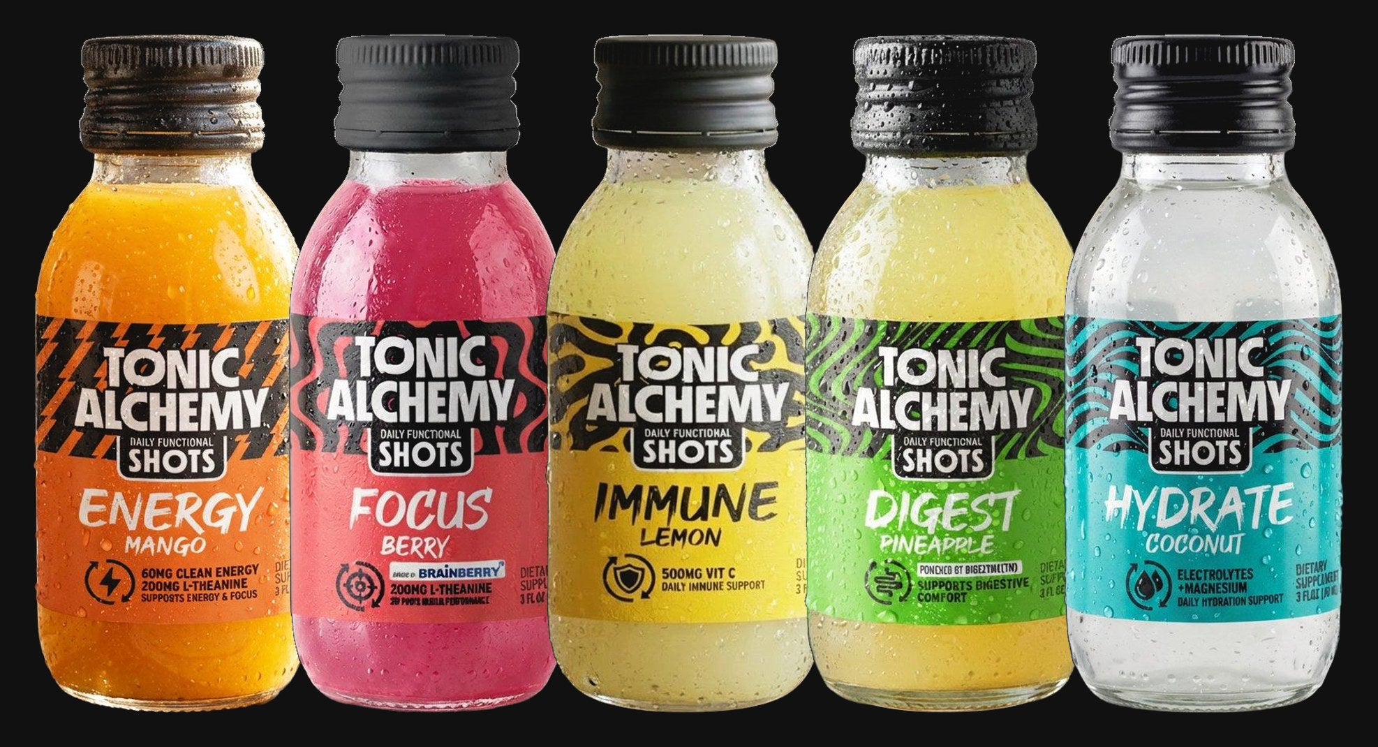 Tonic Alchemy daily functional shots: Energy, Focus, Immune, Digest and Hydrate, 90mL glass bottles